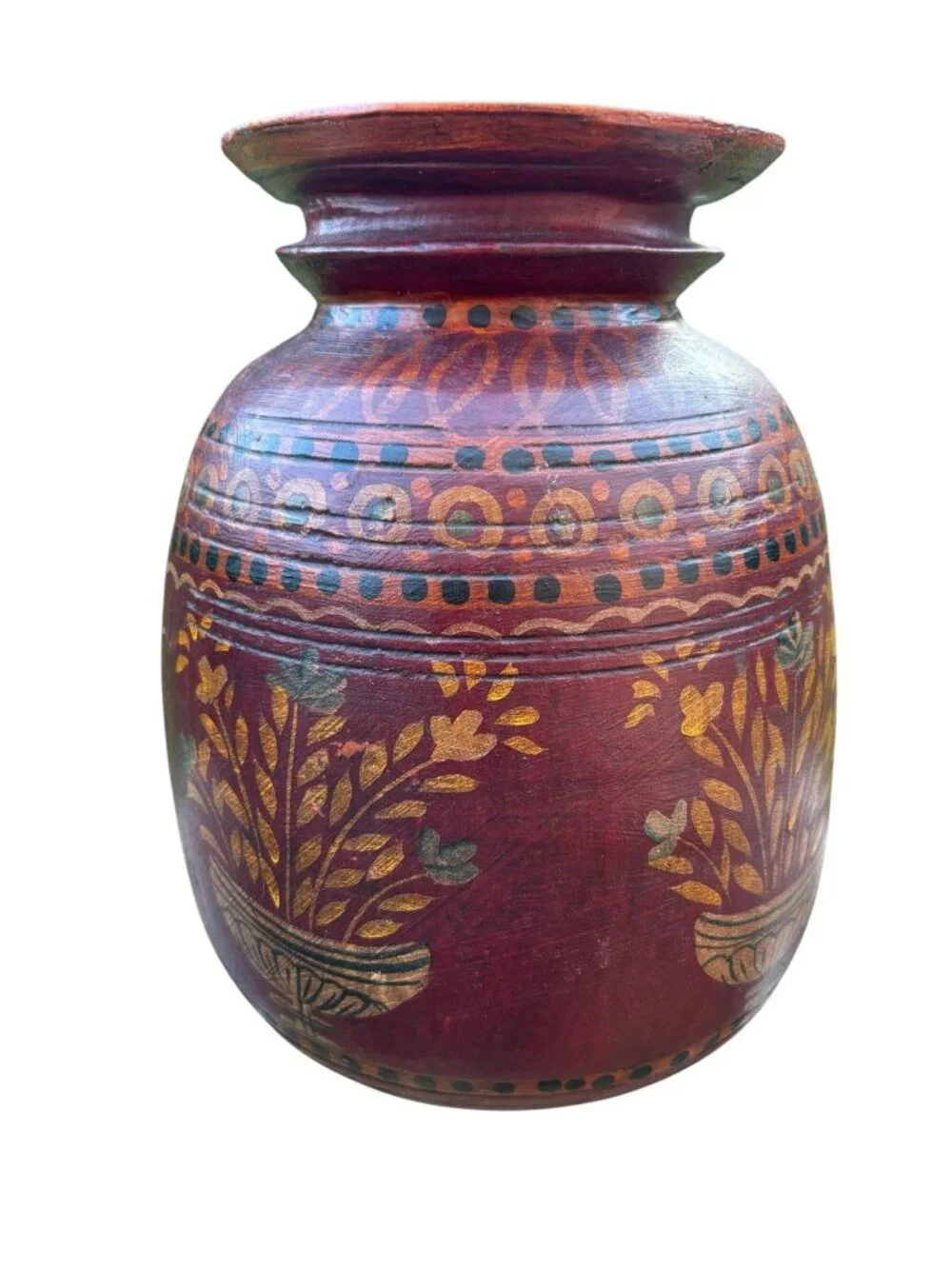 Vtg Kashmiri Hand Painted Wood Vase MCM Indian Lacquerware Folk Art Pot